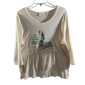 Quacker Factory Sz L CHRISTMAS CHURCH Cream Knit Pullover Sweater